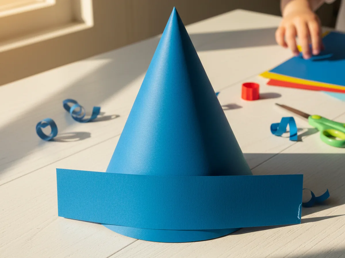 Blue paper hat shape with the bottom strip folded upward on the front side, sitting on a white craft table
