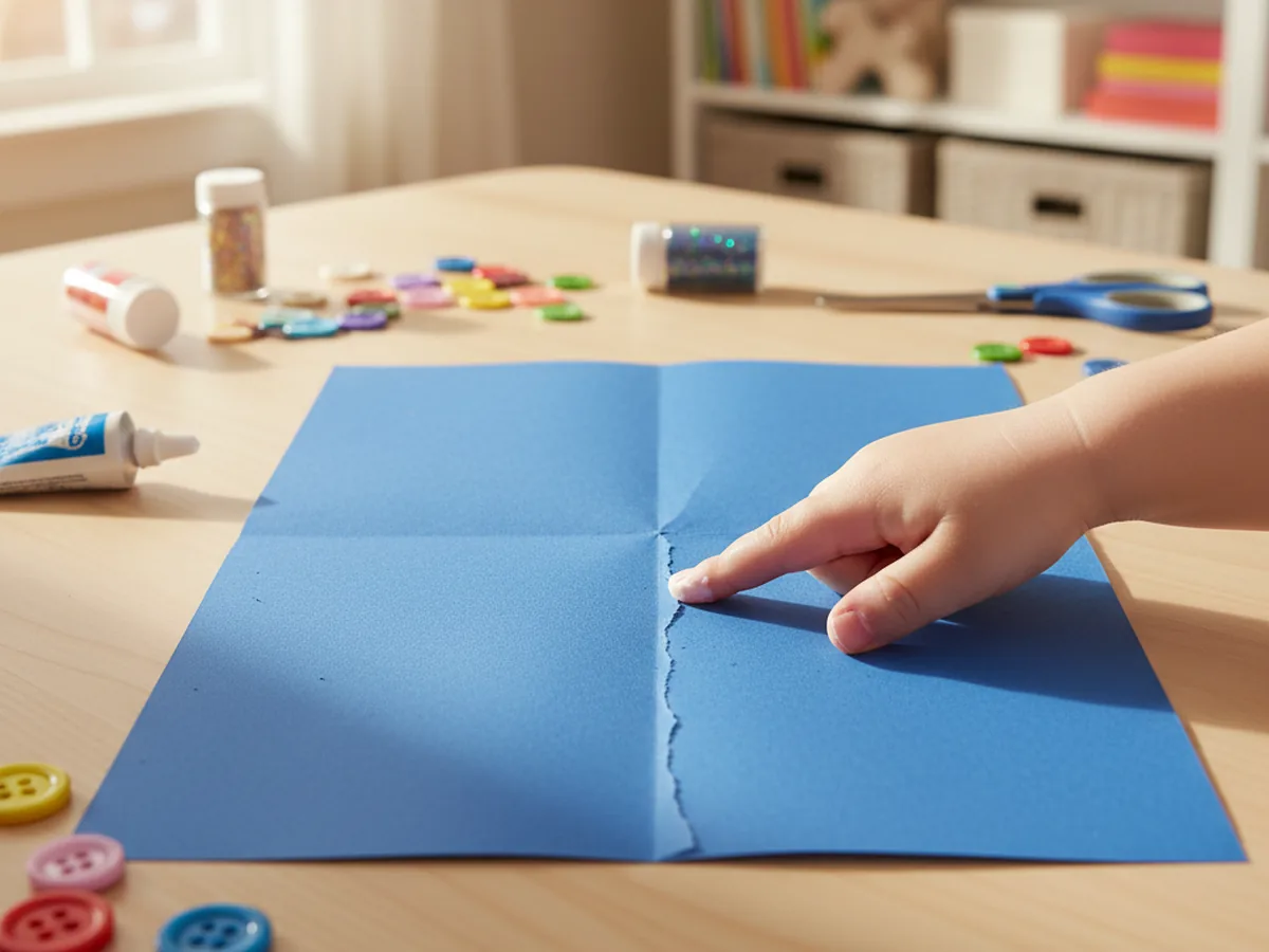 A folded blue paper rectangle on a craft table with a visible center crease running vertically down the middle