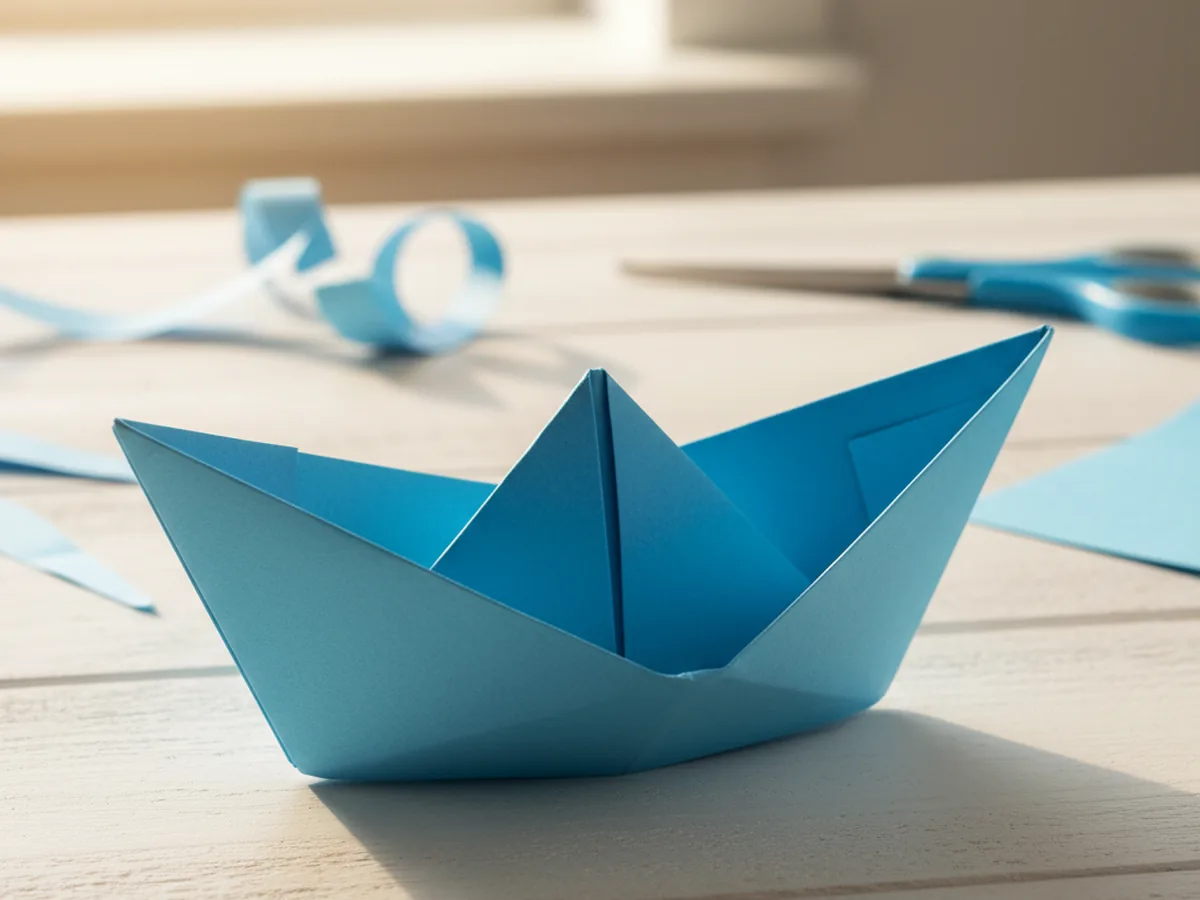 Finished paper boat pulled open and standing upright on a white craft table, ready to be named and decorated