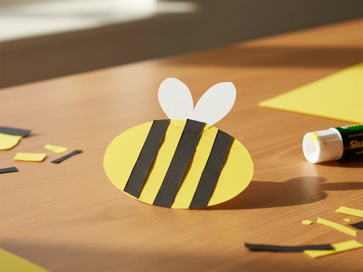 A finished yellow paper bee with three thin black horizontal stripes across the oval body and two small white teardrop wings glued on top, sitting on a light wood craft table with yellow and black paper scraps nearby