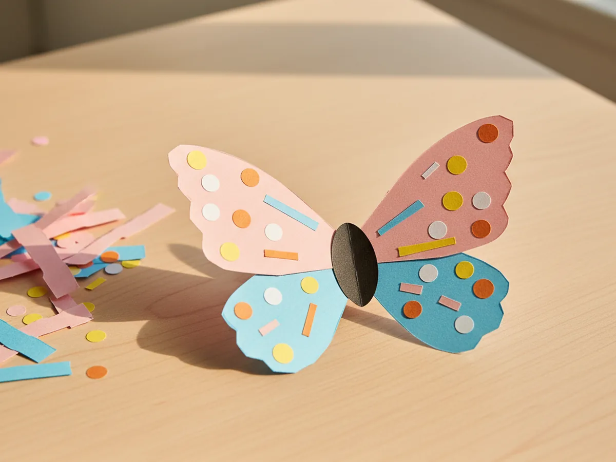 A finished paper butterfly with two pink top wings and two blue bottom wings attached to a small black oval body in the center, decorated with tiny colorful paper dots and stripes, sitting on a light wood craft table