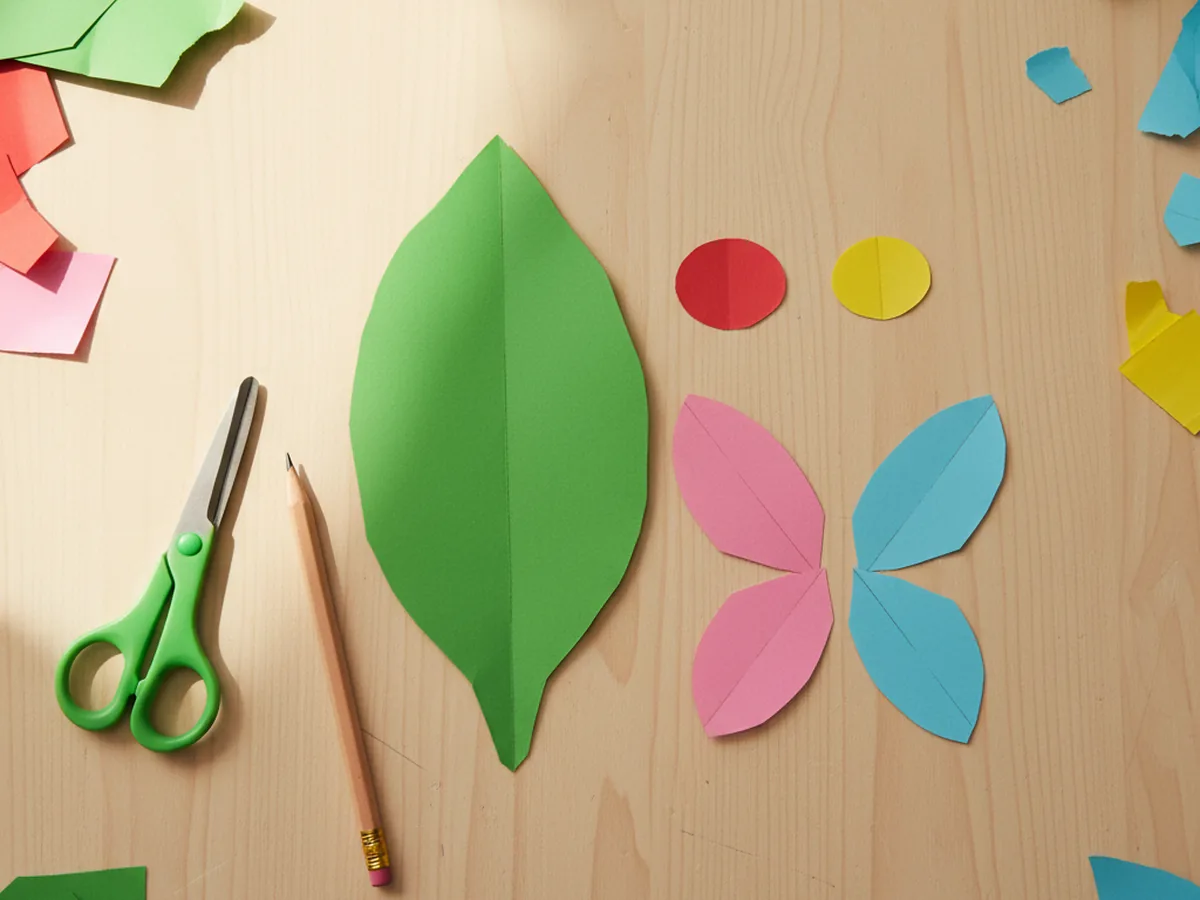 A large green leaf shape, a small red oval, a small yellow oval, and four small pink and blue butterfly wing shapes cut from construction paper laid out side by side on a light wood craft table with kid safety scissors and a pencil nearby