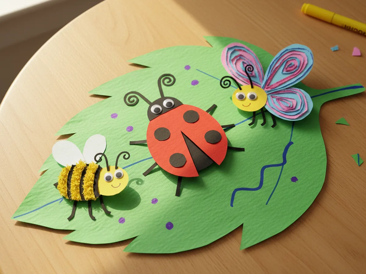 The finished paper bugs craft with a red ladybug, a pink and blue butterfly, and a yellow striped bee all glued onto a large green construction paper leaf in a cute arrangement displayed on a light wood craft table