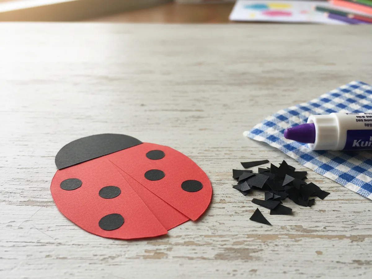 A finished red paper ladybug with a small black half-circle head and five small black paper dots glued onto the red oval body sitting on a light wood craft table with black paper scraps nearby