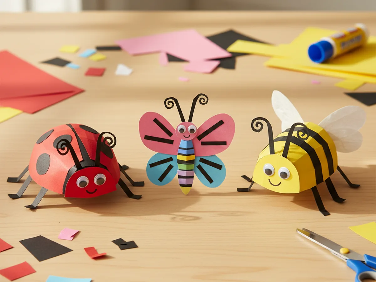 A red paper ladybug, a yellow striped paper bee, and a colorful paper butterfly each with thin black paper legs, curled antennae, and two googly eyes sitting in a row on a light wood craft table