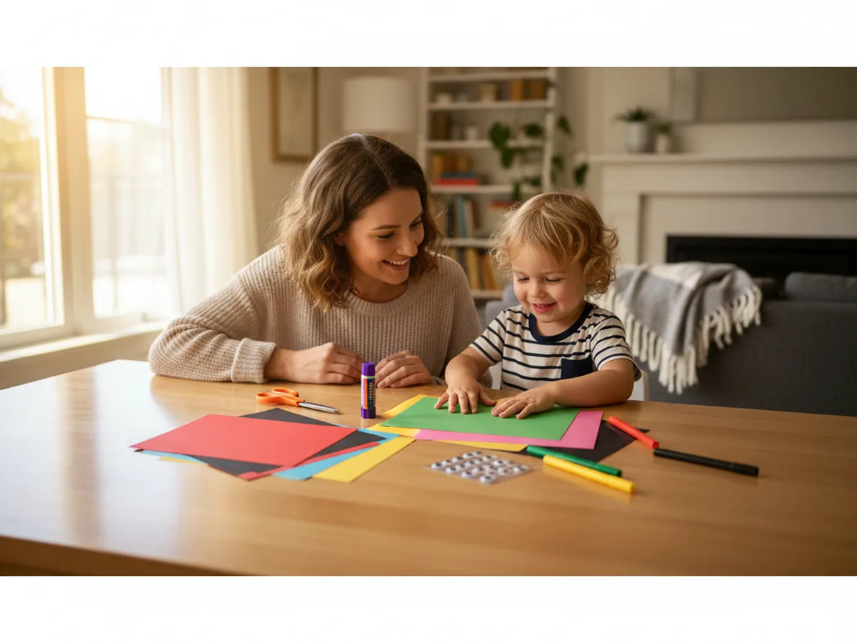 A mom and young child sitting at a light wood craft table together with sheets of red, yellow, green, black, pink, and blue construction paper, kid safety scissors, a glue stick, and small googly eyes ready to make a paper bugs craft