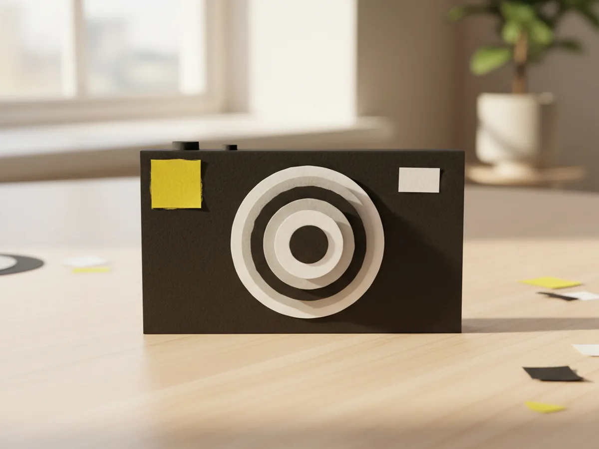A small yellow paper square added as the flash to the upper left corner of the paper camera craft