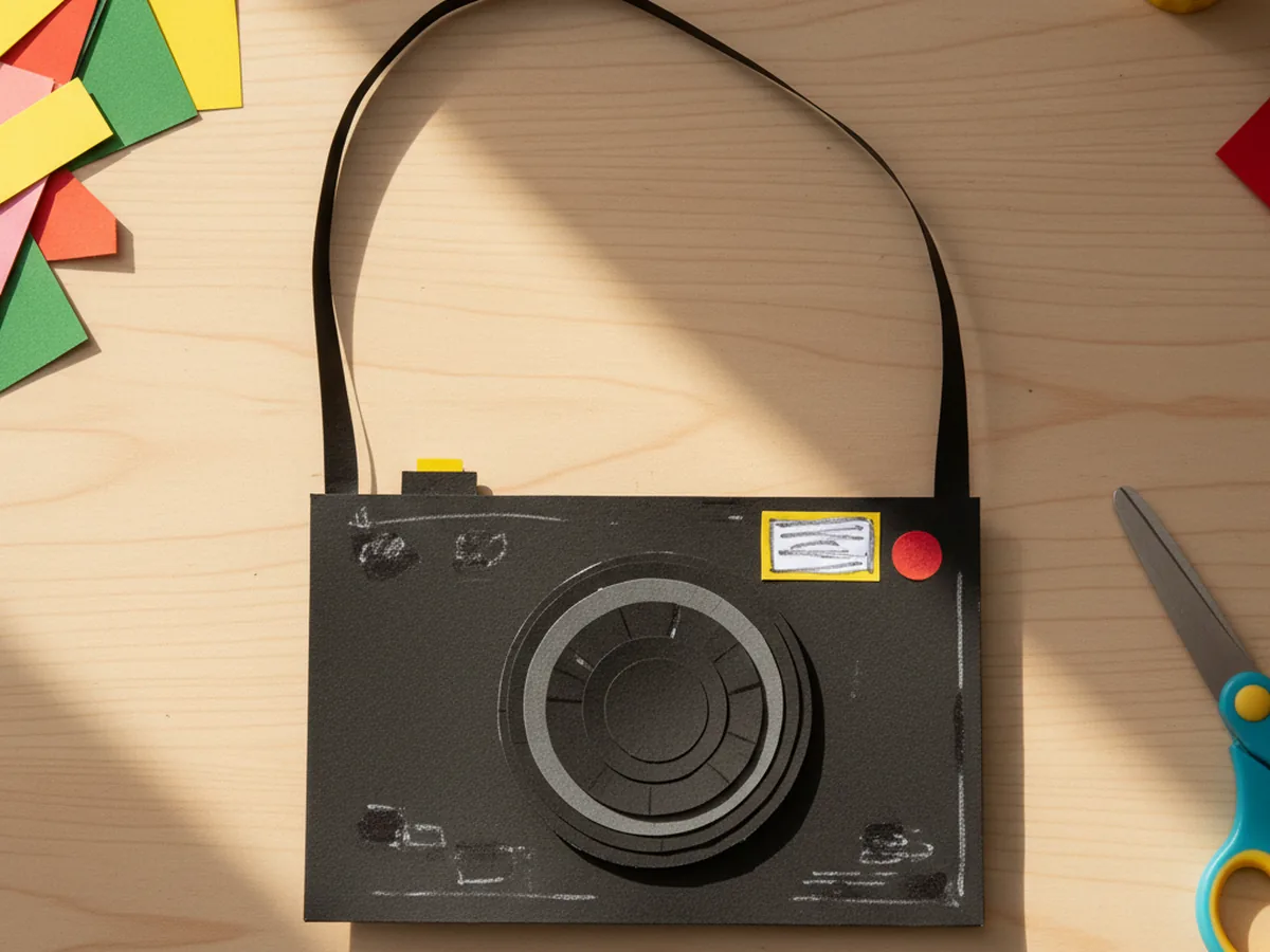 The finished paper camera craft with a paper neck strap attached, ready for a child to wear and play with