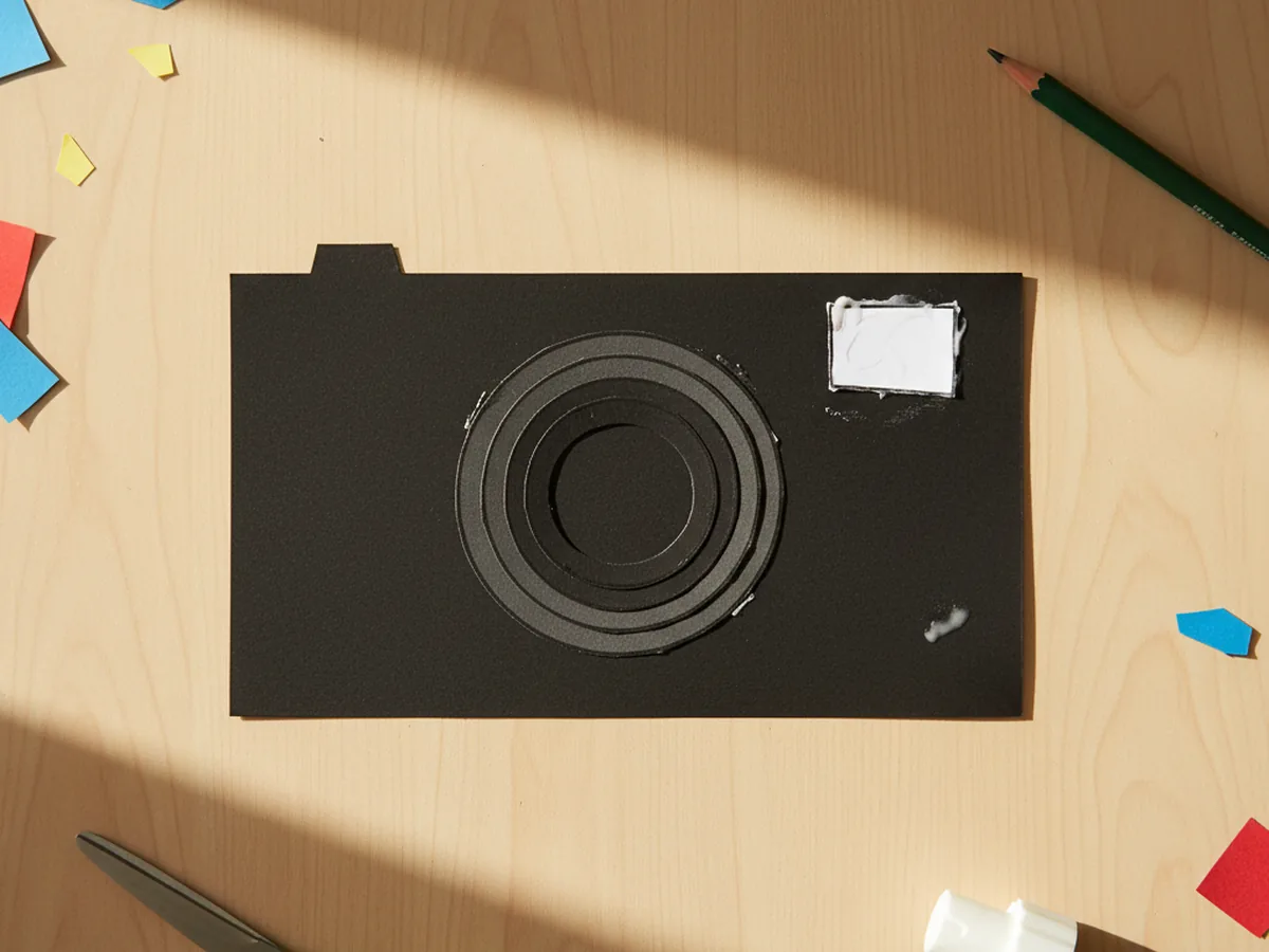 A small white paper square viewfinder glued onto the upper right corner of the paper camera craft