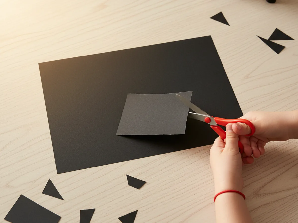 A child's hand cutting a black construction paper rectangle to form the body of a paper camera craft