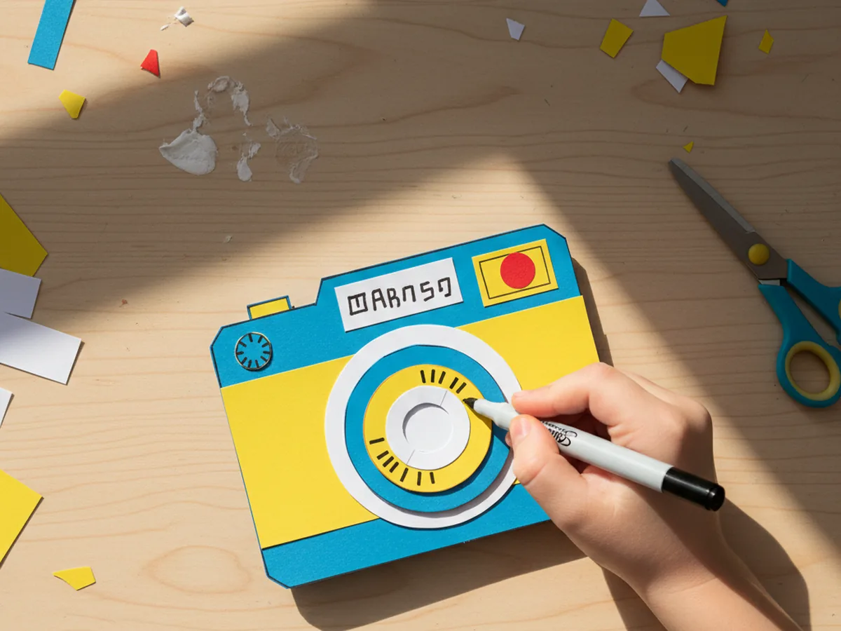 A child decorating the paper camera craft with a black marker, drawing dials and lettering, with a small red paper shutter button on top