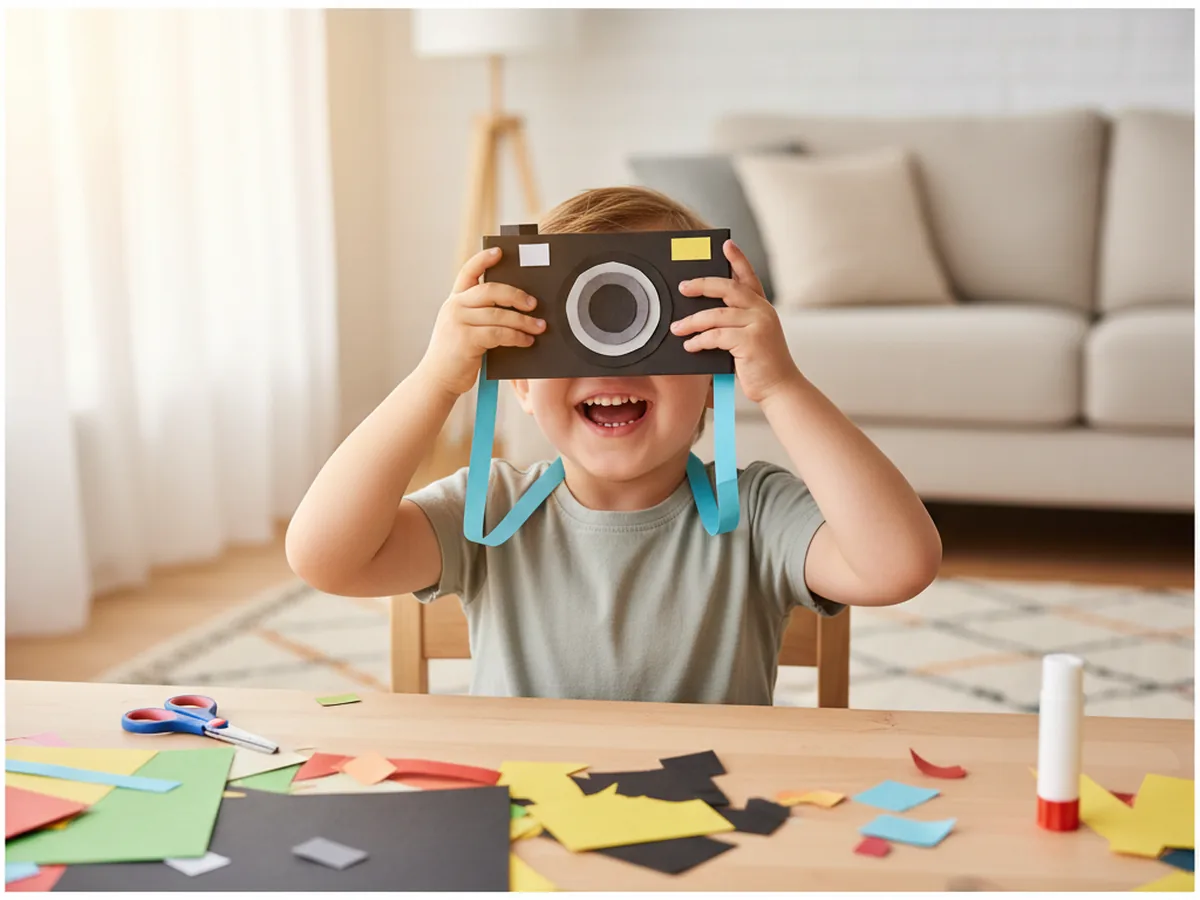 A young child holding the finished paper camera craft up to one eye, pretending to take a photo with the paper strap around the neck