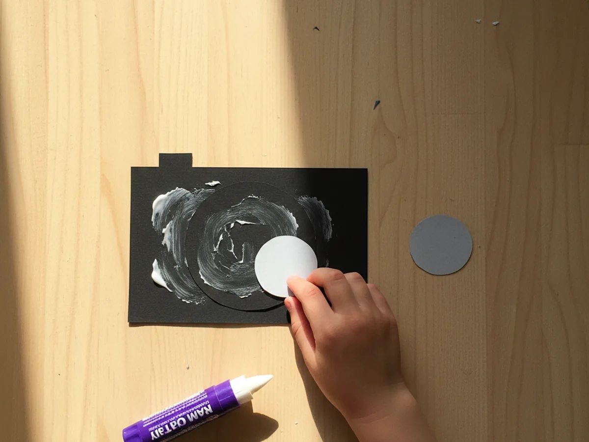 A black paper circle being glued onto the center of a black rectangle to form the outer lens of a paper camera craft