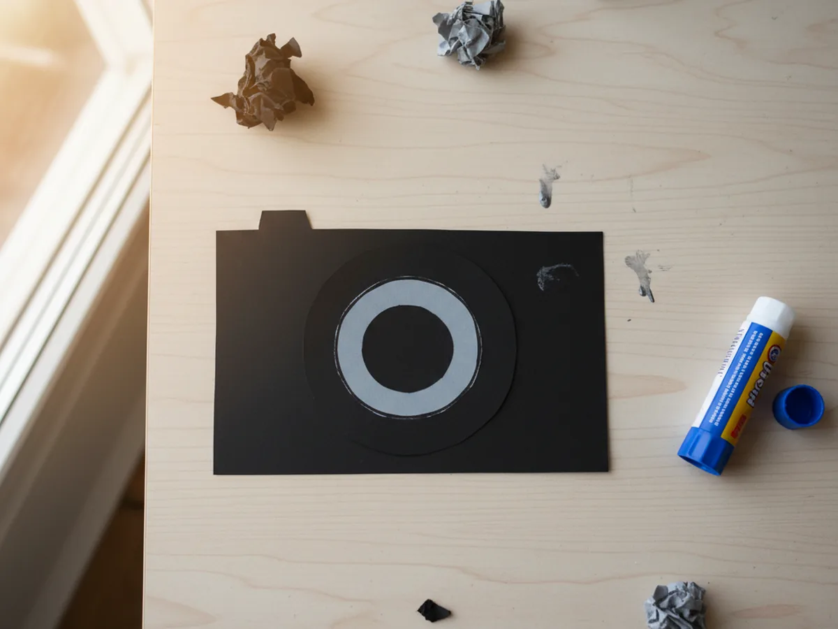 A small grey paper circle glued on top of the black circle, creating a layered lens for the paper camera craft