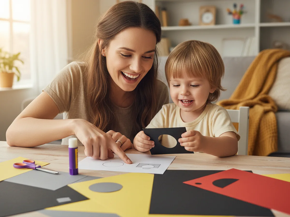 A mom and young child sitting at a craft table, smiling and starting a paper camera craft with black, grey, yellow and red construction paper