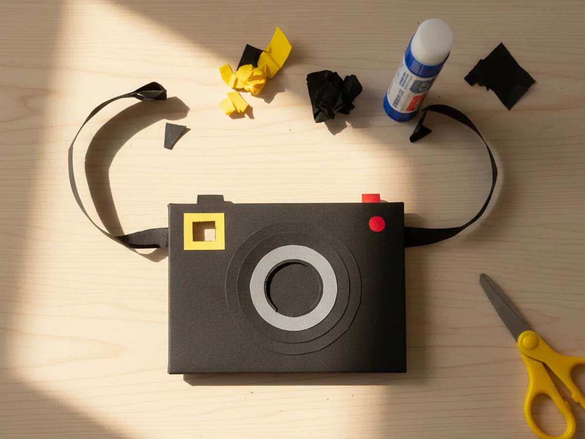 Finished paper camera craft made from black construction paper with a layered grey lens, white viewfinder, yellow flash, and a paper neck strap on a craft table