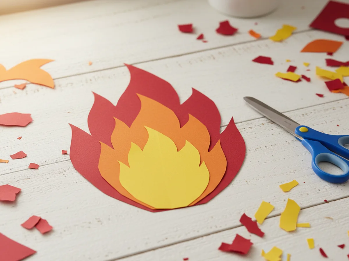 Three layered paper flame shapes cut from red, orange, and yellow construction paper resting on a craft table with safety scissors nearby
