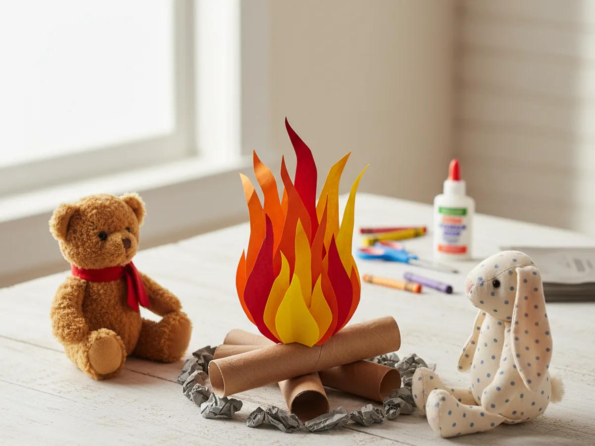 A finished paper campfire craft with stacked brown logs, layered paper flames, and small gray paper rocks around the base displayed for pretend play