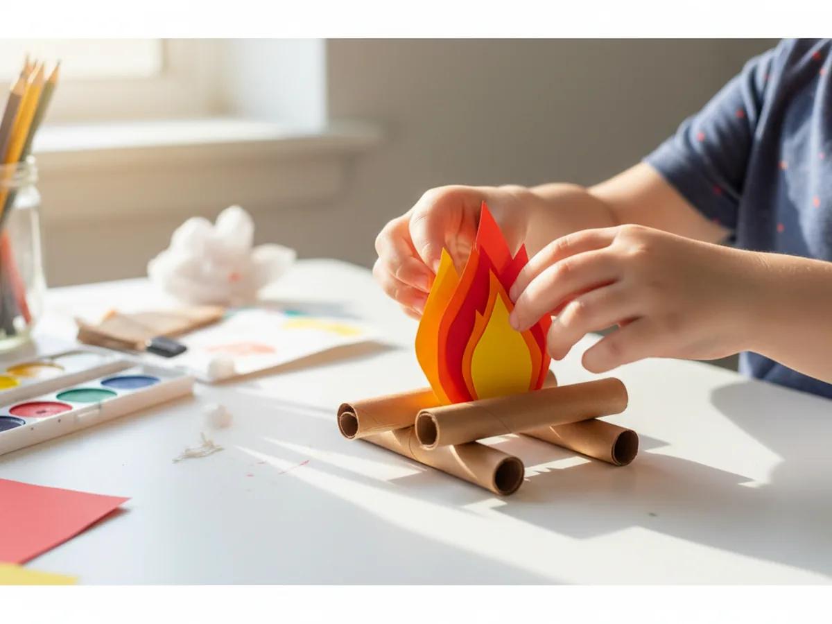 A child standing layered red, orange, and yellow paper flames up in the center of stacked brown paper logs