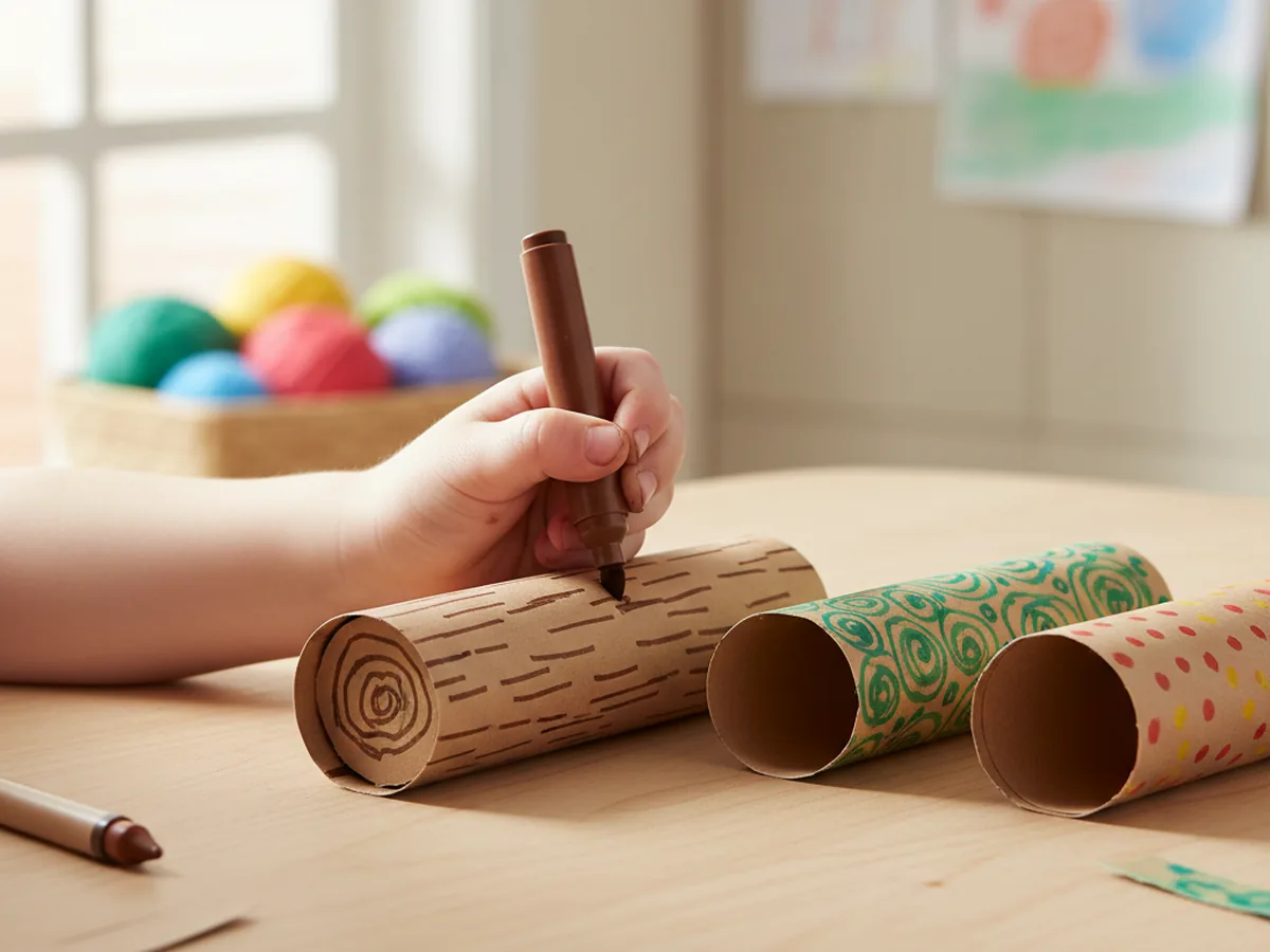 A child using a brown marker to draw bark lines and ring details on rolled paper logs for a paper campfire craft