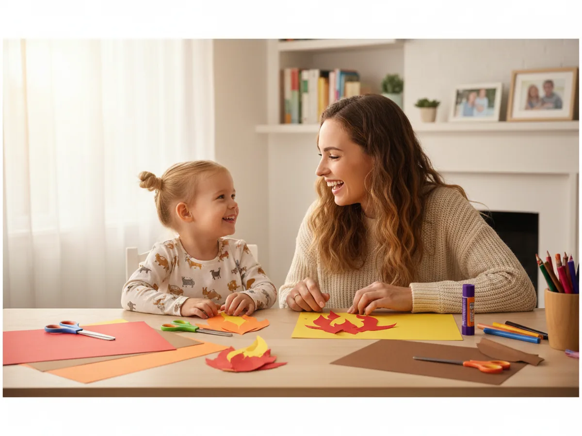 A mom and young child sitting at a craft table with red, orange, yellow, and brown construction paper ready to start a paper campfire craft