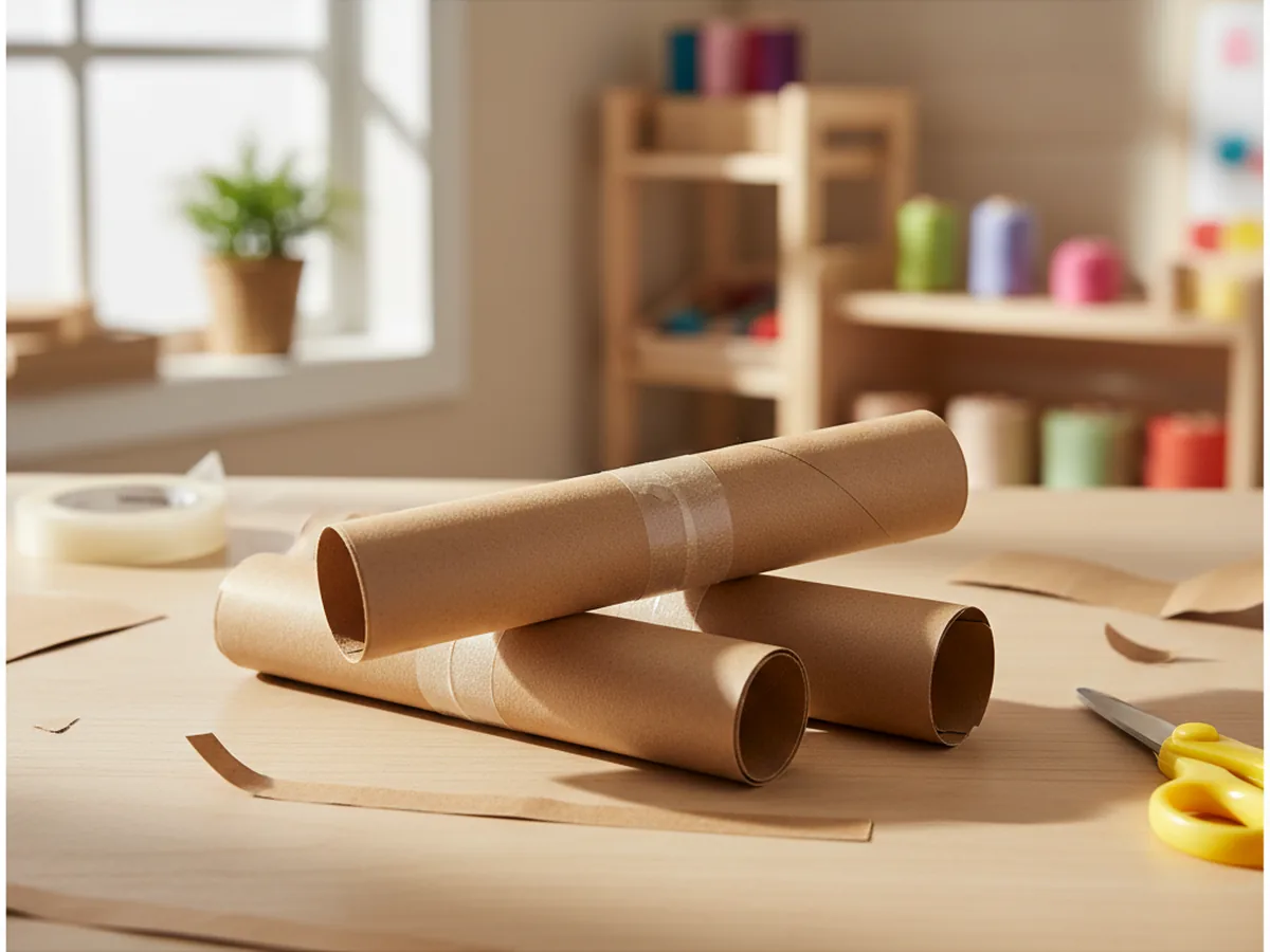 Three brown construction paper rectangles rolled into tube-shaped logs and taped closed, lying on a craft table