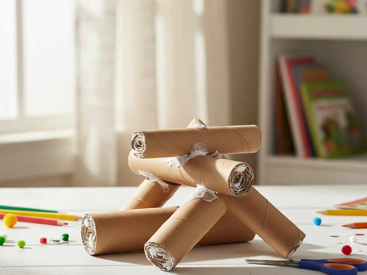 Brown paper logs stacked in a crisscross campfire shape and glued together on a white craft table