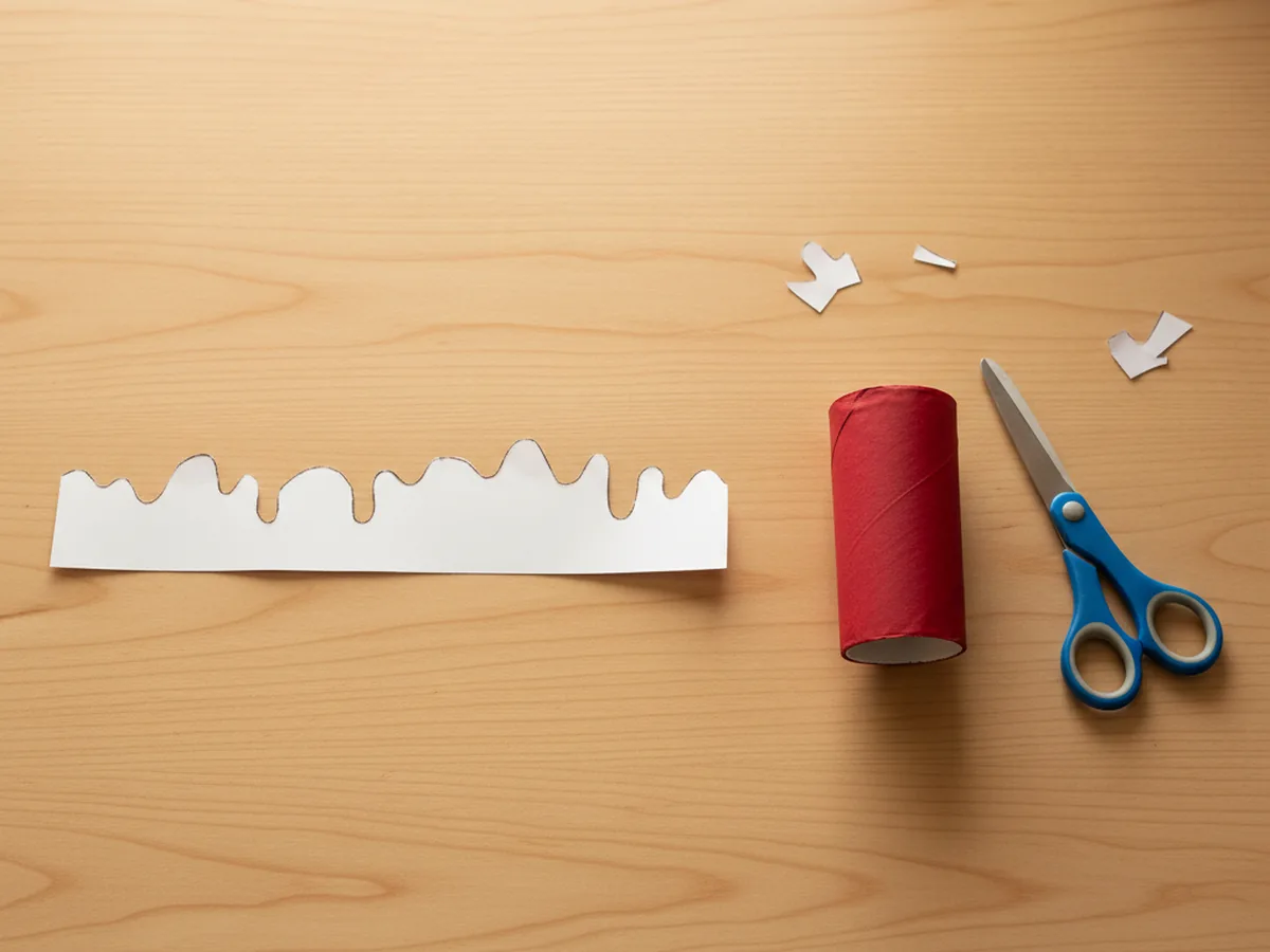 A long white construction paper strip with a wavy bumpy cut edge along the top resting on a craft table next to kid-safe scissors and the red wrapped paper candle body
