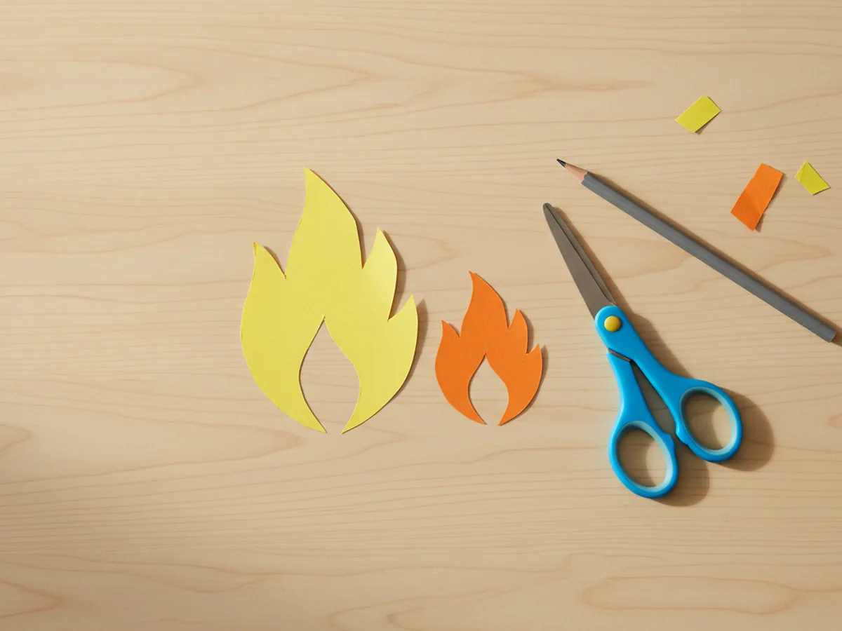 A large yellow teardrop flame shape and a smaller orange teardrop flame shape cut from construction paper, laid side by side on a craft table next to a pencil and scissors
