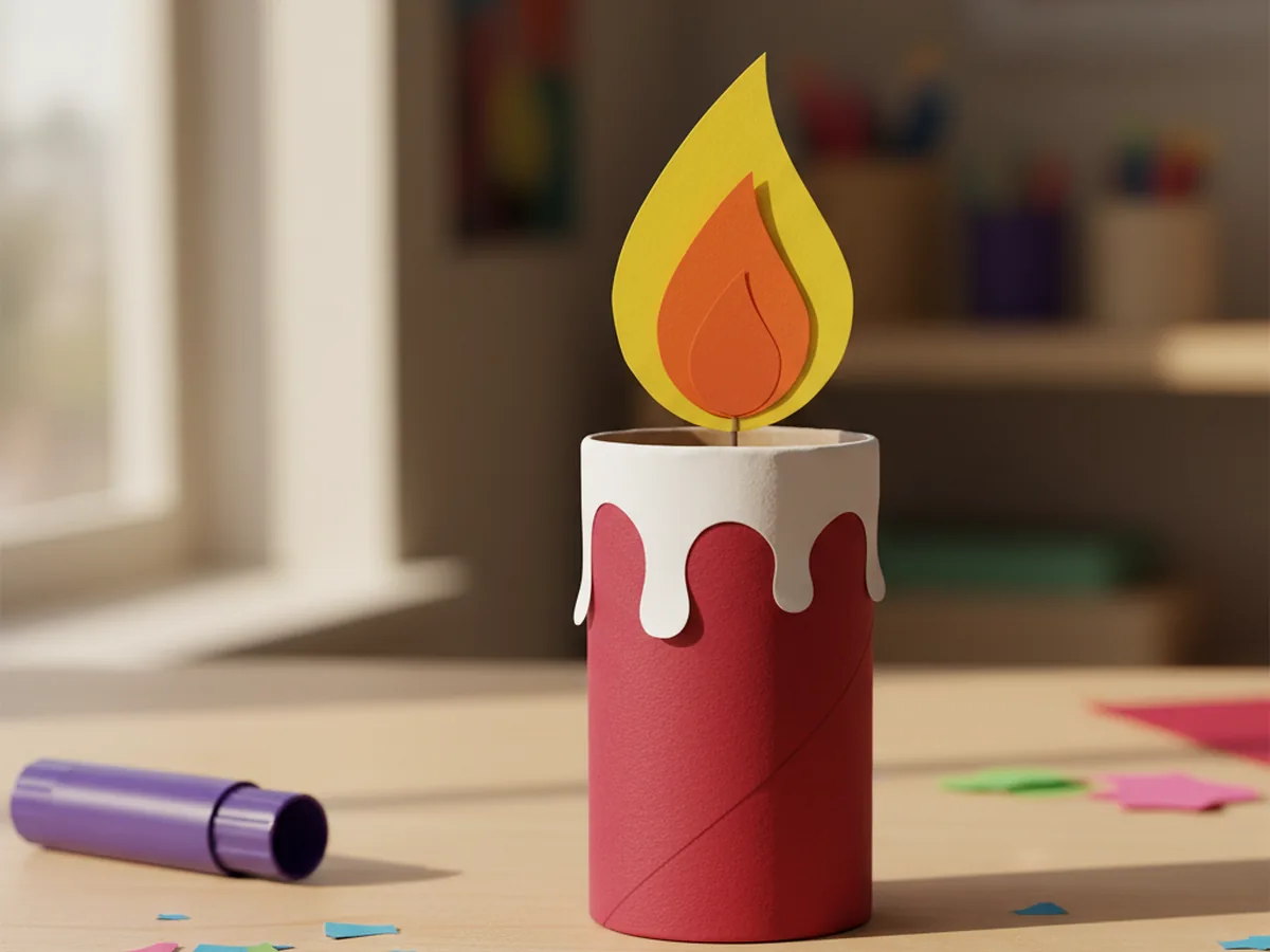 The finished paper candle craft standing tall with a red body, white wavy drip rim, and a yellow and orange teardrop flame rising from the top, photographed on a light wood craft table