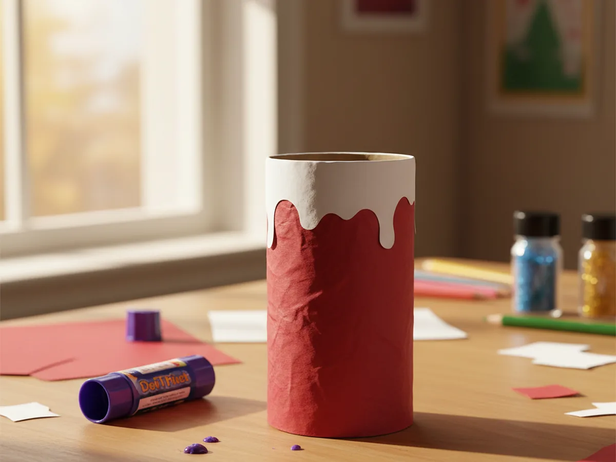 The red paper candle body with a white wavy drip strip glued around the top edge, looking like melted wax dripping over the rim, on a light wood craft table