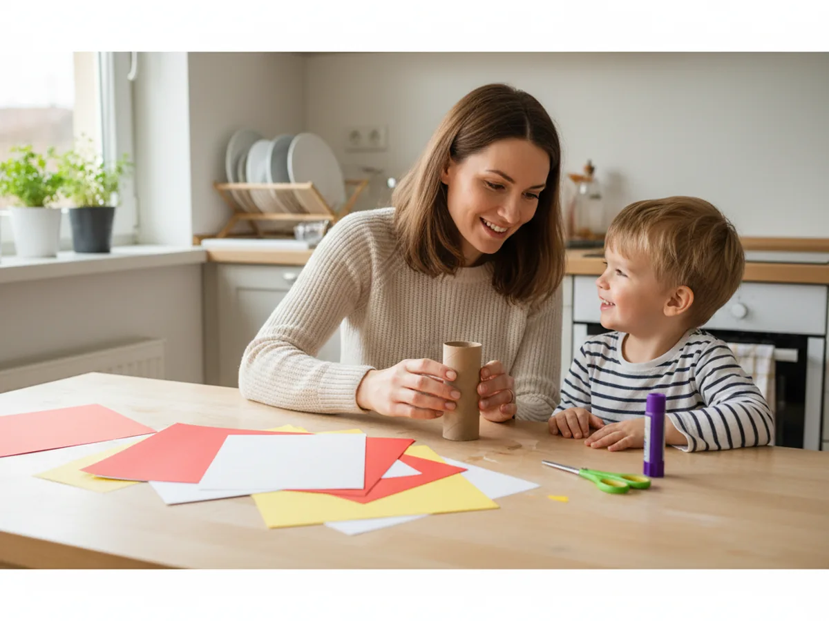 A mom and young child sitting together at a craft table with an empty toilet paper roll, red and yellow construction paper, scissors, and a purple glue stick ready to make a paper candle craft