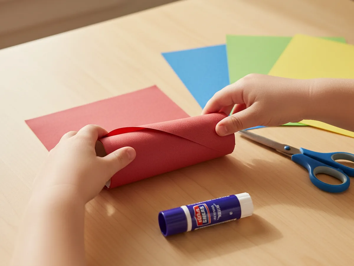 A child's hands wrapping a sheet of red construction paper around an empty toilet paper roll to form the body of a paper candle craft on a light wood craft table