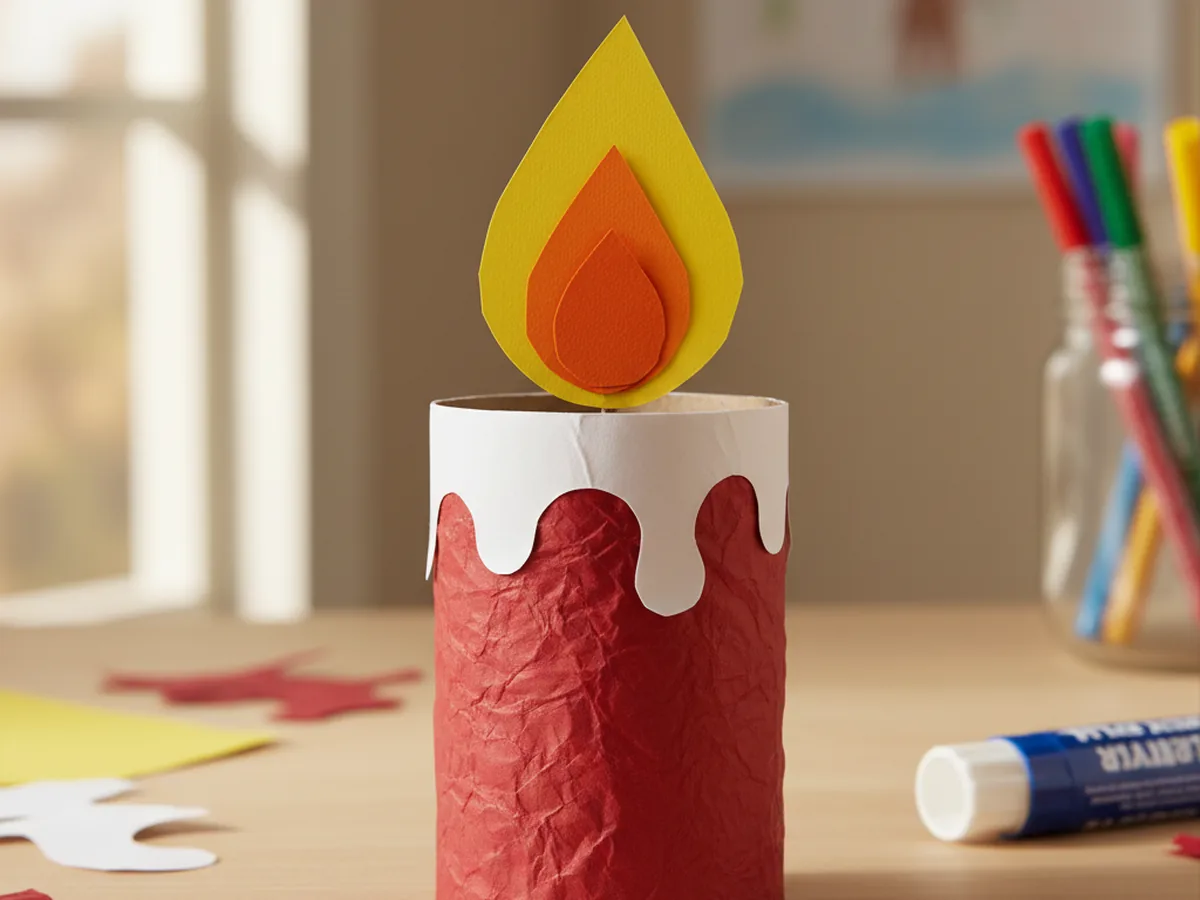 Finished paper candle craft made from a toilet paper roll wrapped in red construction paper with white wavy drip edges and a tall yellow and orange teardrop flame sitting on a light wood craft table