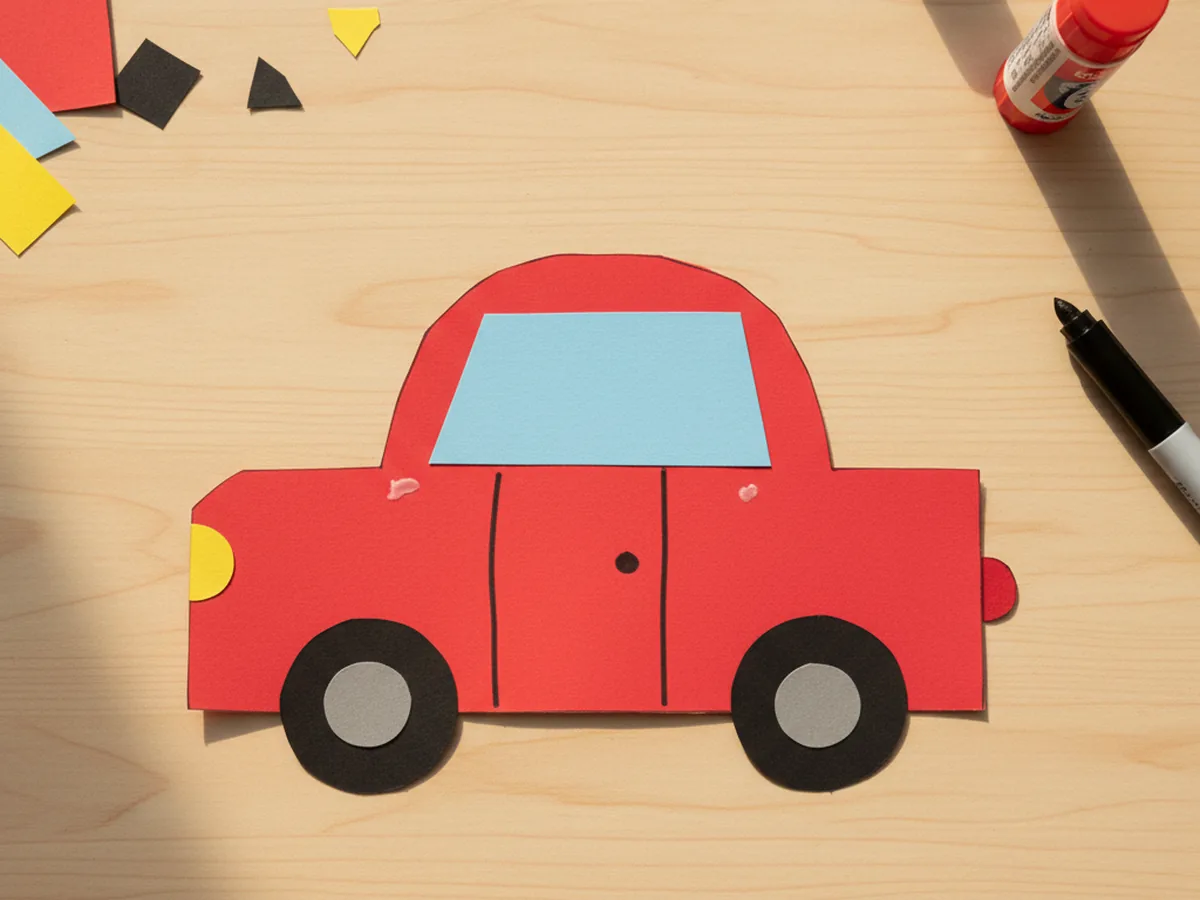 A small yellow circle headlight glued to the front of the red paper car craft and a red tail light at the back, with a marker drawn door line on the side