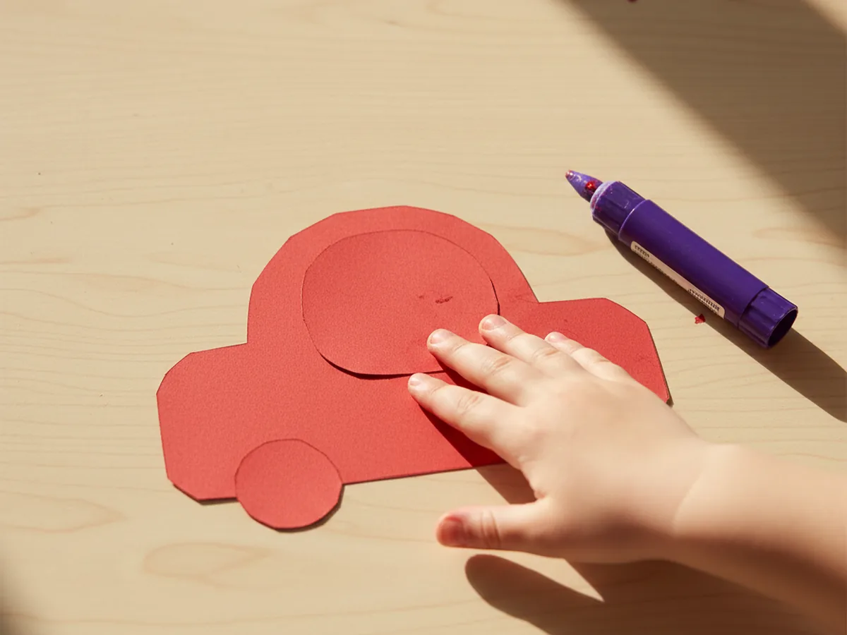 A red rounded cardstock cabin shape being glued on top of the long red rectangle to form the roof of a paper car craft