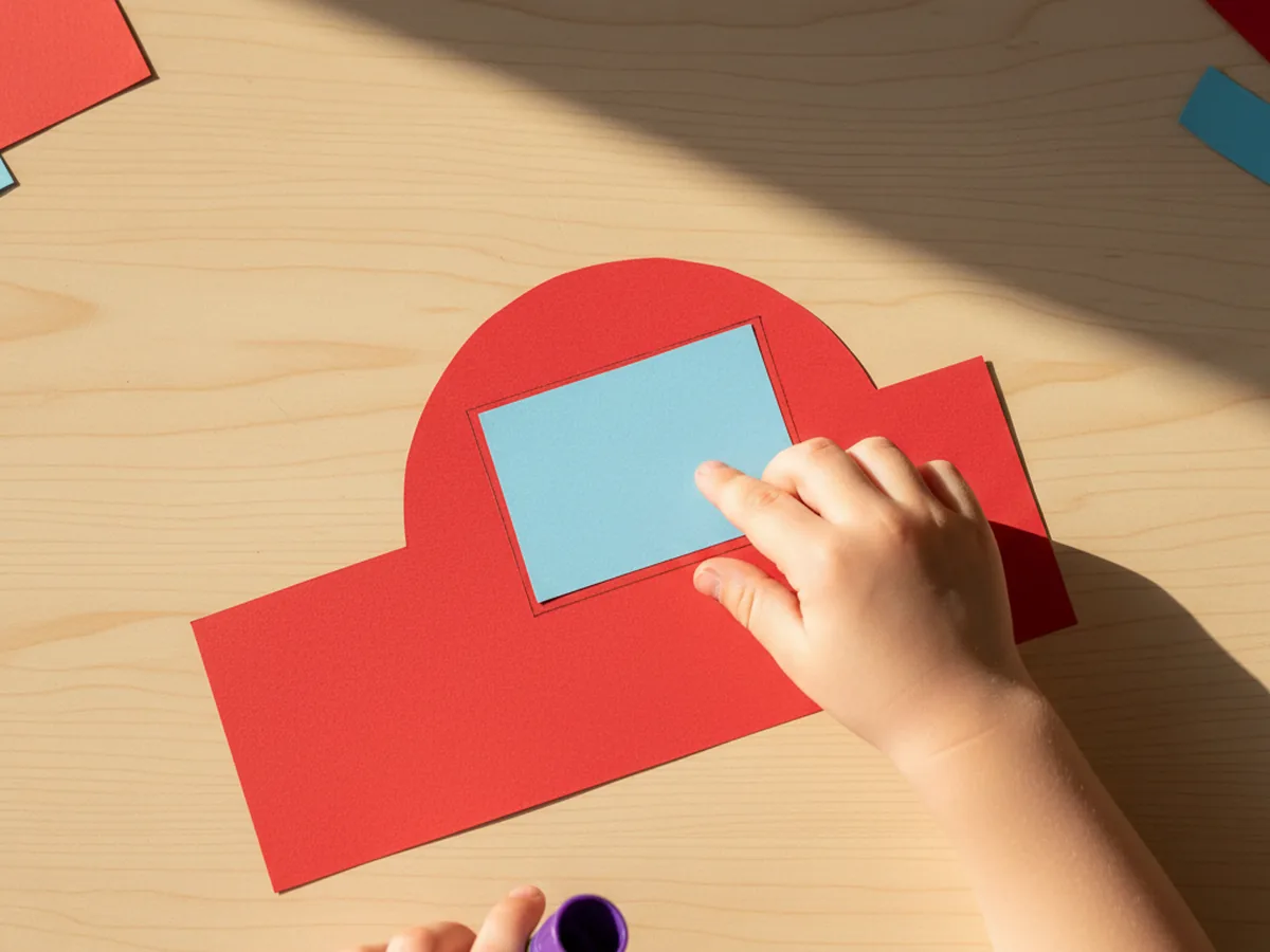 A light blue paper rectangle window glued onto the rounded cabin of the red paper car craft, ready for passenger details
