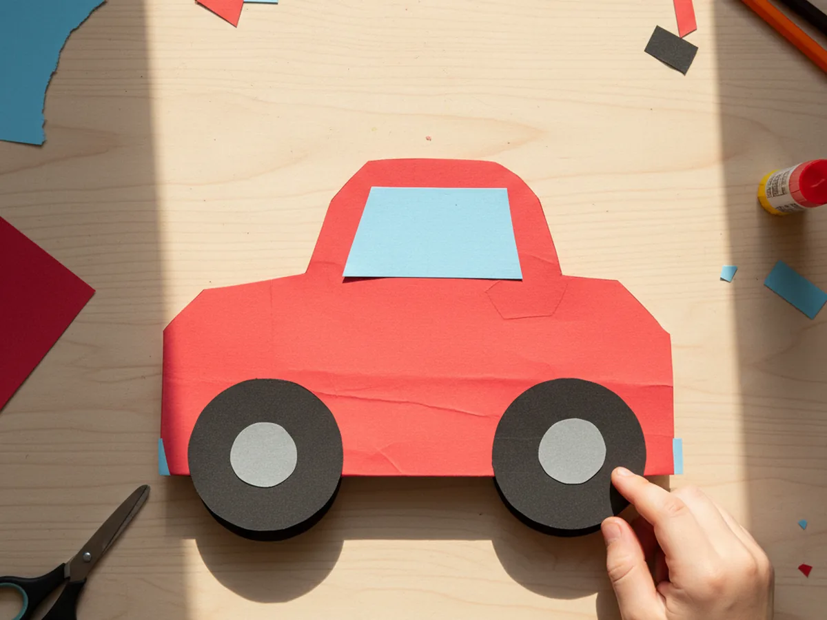Two black paper wheels with grey hubcaps glued under each end of a red paper car body, with the wheels peeking out below the rectangle