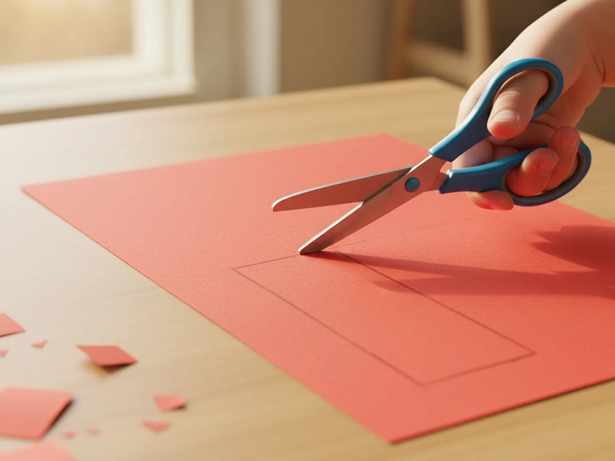 A child's hand cutting a long red construction paper rectangle to form the body of a paper car craft on a wooden craft table