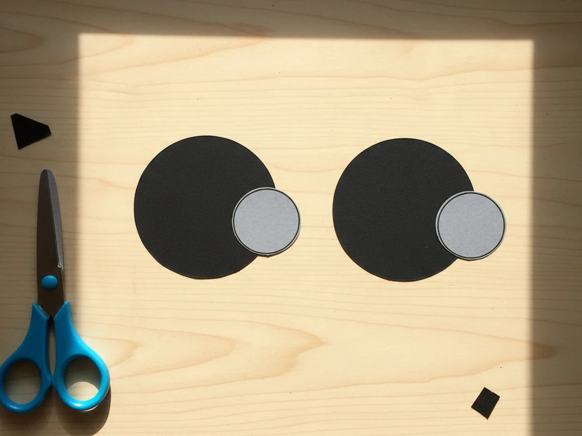 Two large black cardstock circles and two smaller grey circles cut out for the wheels of a paper car craft, sitting beside a pair of safety scissors