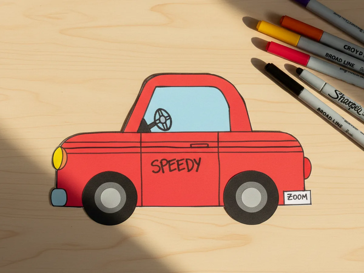 A finished paper car craft with marker racing stripes, a license plate, and a tiny steering wheel drawn inside the window, ready for pretend play