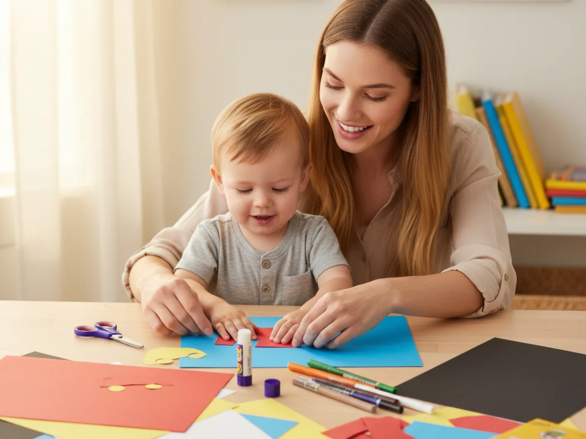 A mom and young child sitting at a craft table, smiling and starting a paper car craft with red, black, blue, and yellow construction paper