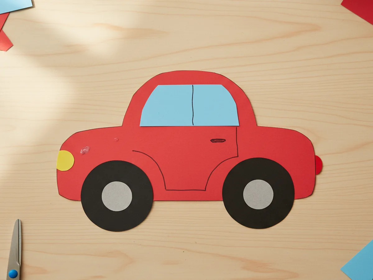 Finished paper car craft made from red cardstock with black wheels, a blue window, a yellow headlight, and marker details on a craft table