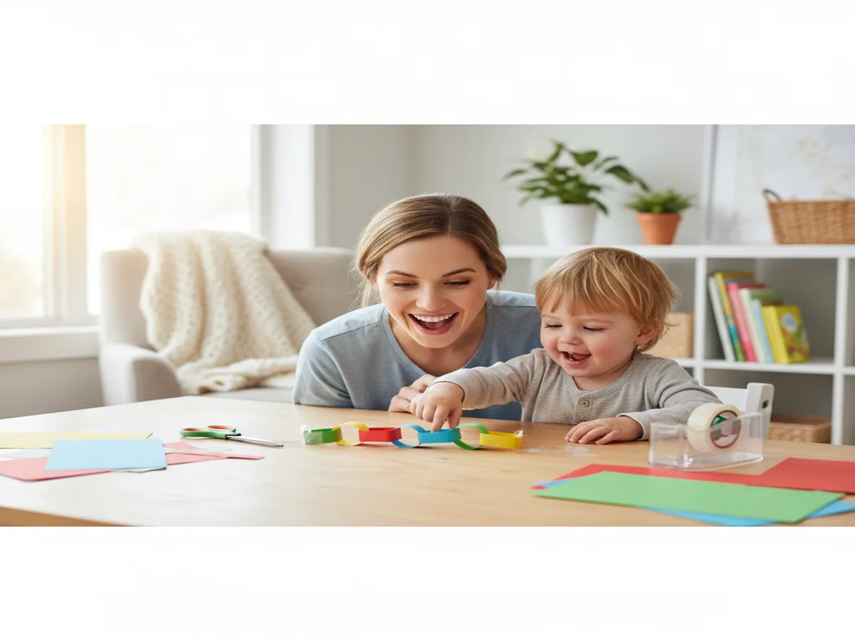 A mom and young child sitting together at a craft table, excited to start making a colorful paper chain craft