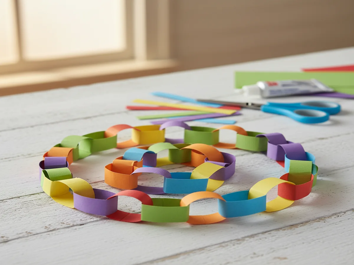 Finished colorful paper chain craft made from interlocked construction paper loops displayed on a craft table