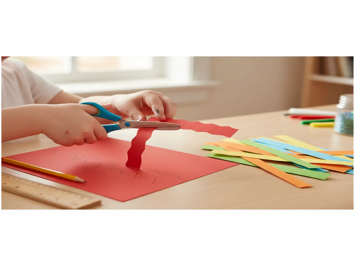 Child's hands cutting colorful construction paper into strips with child-safe scissors on a light wood craft table, ruler and pencil nearby