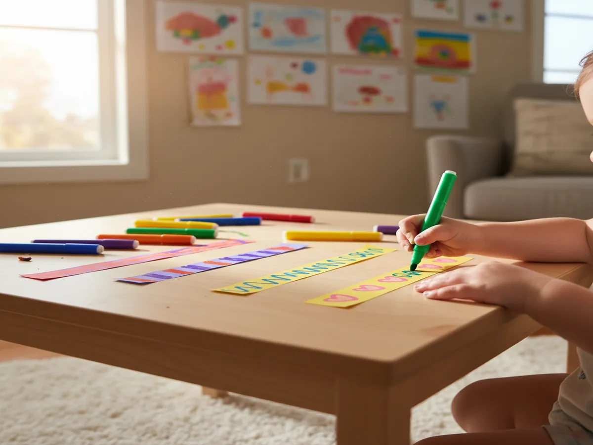 A young child drawing colorful marker patterns on paper strips laid flat on a white craft table, markers scattered around
