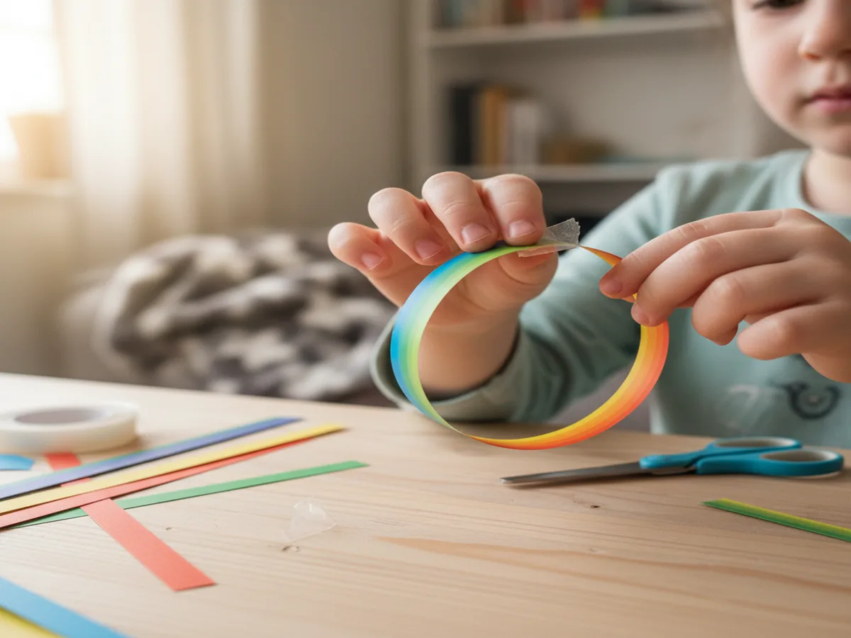 A child's hands forming the first paper loop by overlapping the ends of a colorful strip and pressing tape over the join