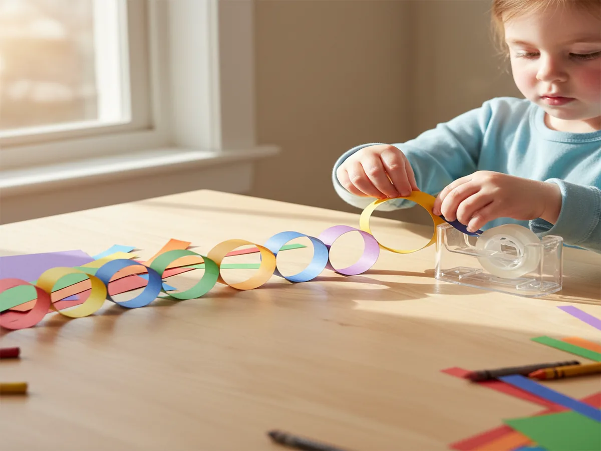 A child threading a new paper strip through an existing paper loop before taping it closed, with a growing colorful chain on the table