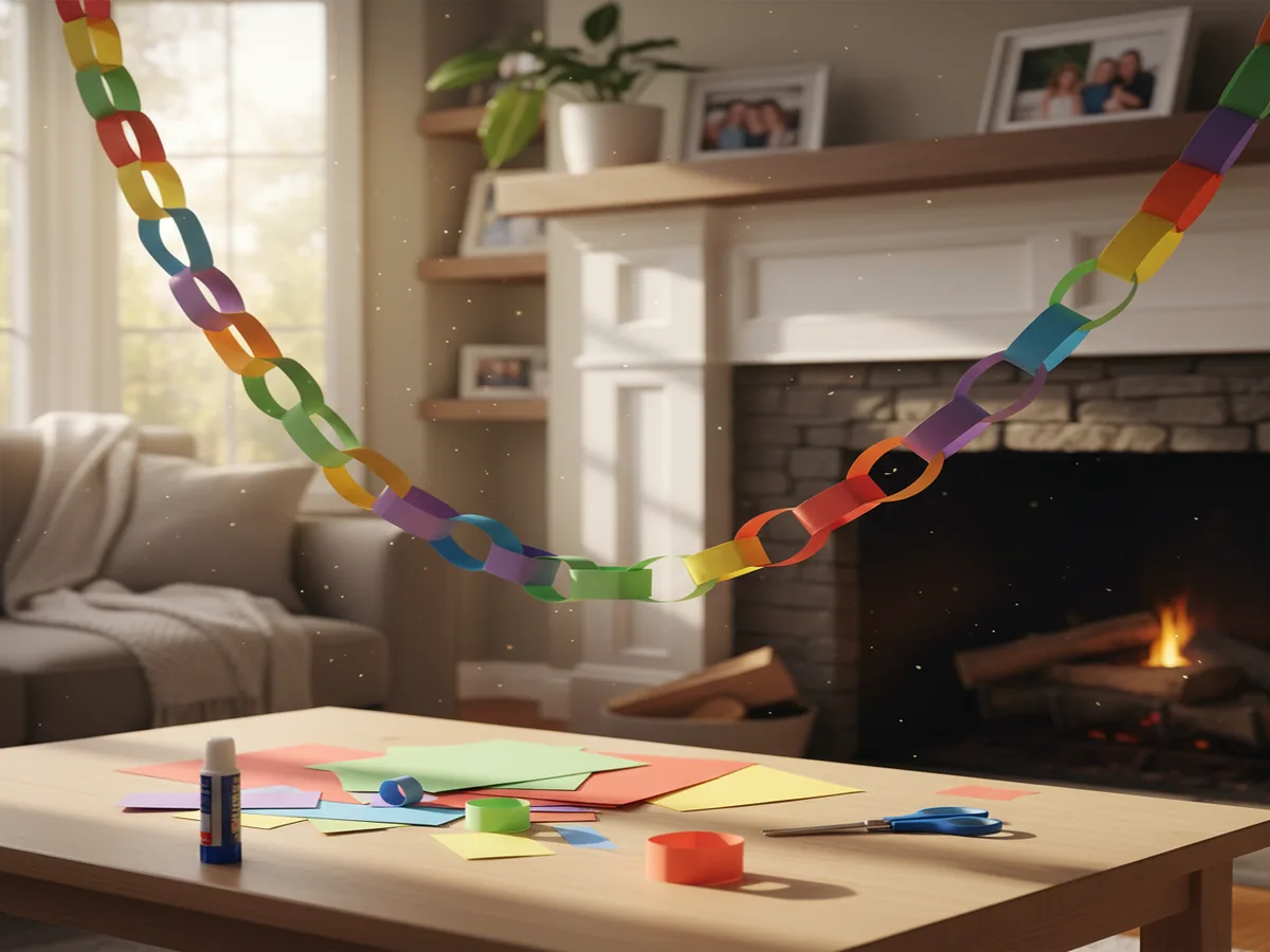 A colorful paper chain craft draped as a garland across a doorway, cheerful loops of red, yellow, green, and blue construction paper